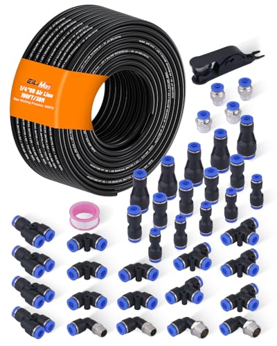EilxMag 1/4 Air Line Tubing Kit 100FT(30M) SAE J844 PA Nylon Air Hose Tubing with Cutter and Teflon Tape 1/4 Air Hose with Push to Connect Fittings for Air Brake System Or Fluid Transfer(40PCS)