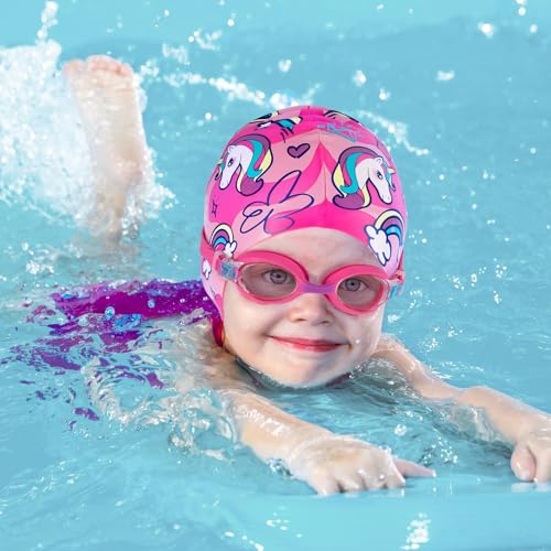 Image of Girls Unicorn Swim Cap and Goggles Set Waterproof Bathing Pool Swimming Caps Comfortable Kids Mermaid Unicorn Swimming Hats for Long and Short Hair (Unicorn Set)