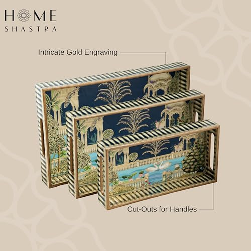 Image of Swan Wooden Serving Tray with Gold Engraving | Set of 3 | Size : 16 x 10 inch, 14 x 8 inch & 12 x 6 inch | Enamel Coated Waterproof | Rectangular | Swan Set of 3