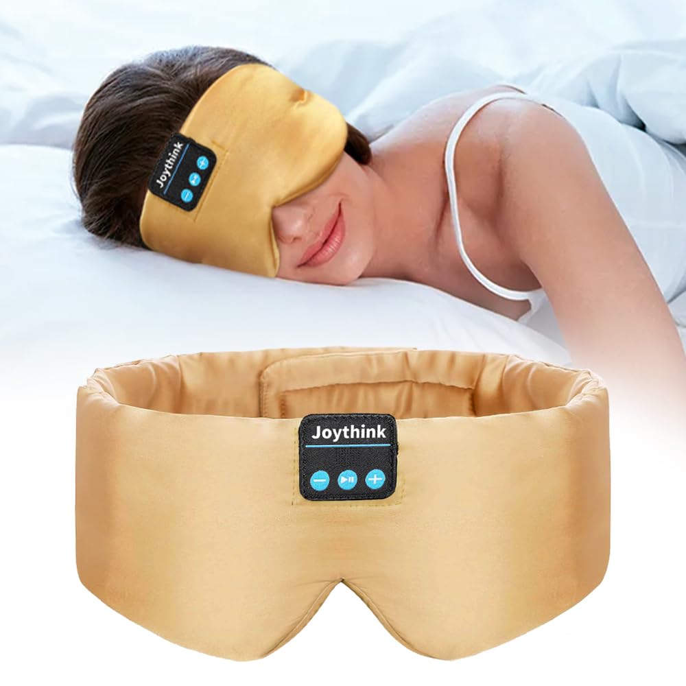 Joythink Cuffie per dormire Bluetooth Maschera per dormire Fascia di seta Auricolari Maschera per dormire sul lato Blackout Morbido Sonno Auricolari Bambini Bambini Musica Eye Cover Champagne Oro