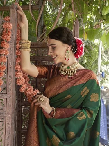 Image of Women's Soft Art Silk Kanjivaram Saree and Unstitched Blouse Piece with Floral Rich Pallu and Jacquard Jari Work On All Over | South Indian Saree