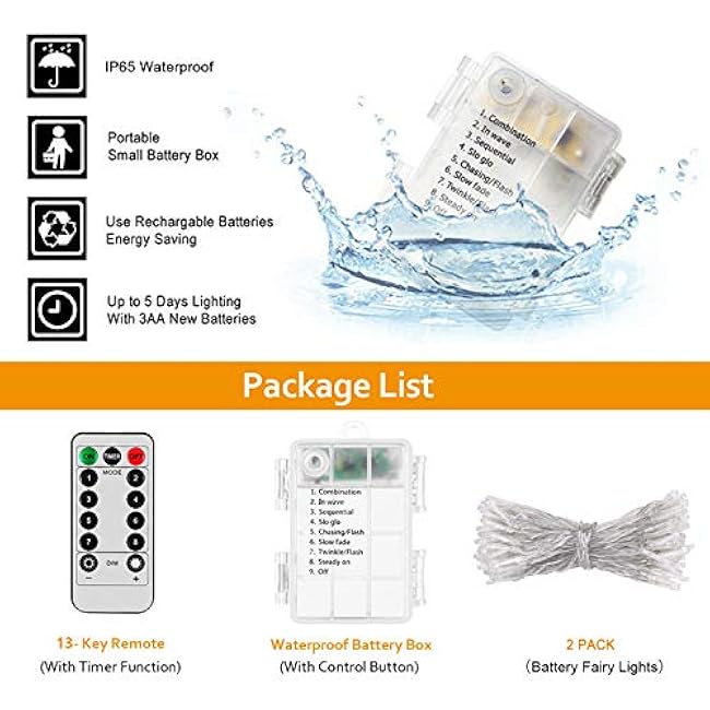 String Lights, 2 Pack Battery Operated String Lights with Remote Timer Waterproof 8 Modes String Lights for Bedroom,Garden,Party,Xmas Tree Indoor Outdoor Decorations (Purple, 36)