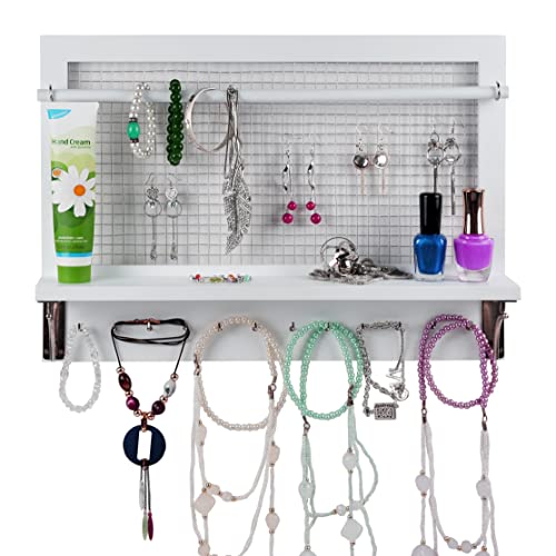 Spiretro White Jewelry Organizer, Wall Mount Jewelry Holder Rack with Hooks Shelf and Removable Rod Hanging Display Earrings Necklaces Bracelets Rings Storage Accessories Wood - Thumbnail 4