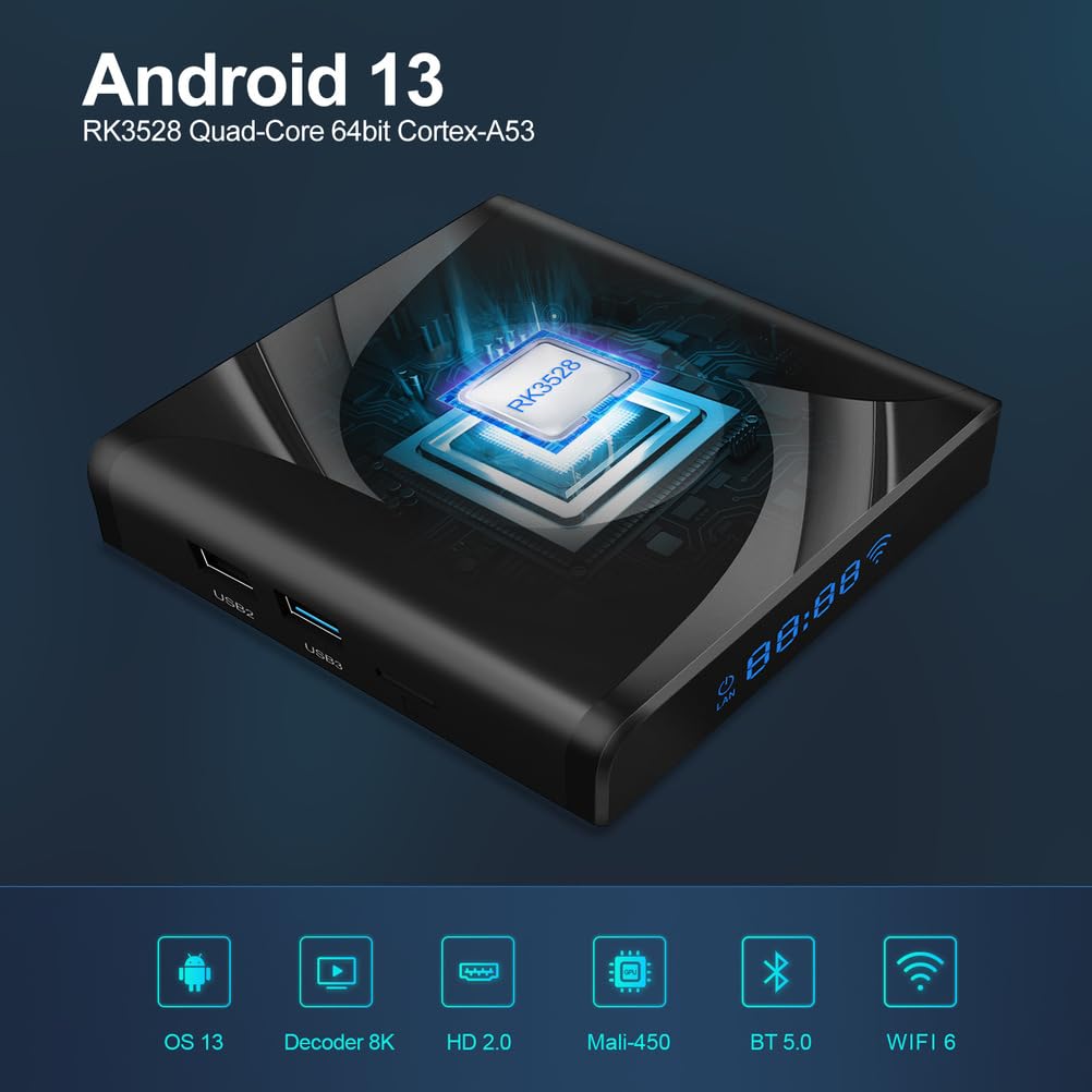 Decodificador Android TV 13.0, X88 Pro 13, LAN Ethernet De 1000 Mbps, 4 GB De RAM, 64 GB De ROM, RK3258/8K/3D/H.265/BT 5.0.,4gb+64gb