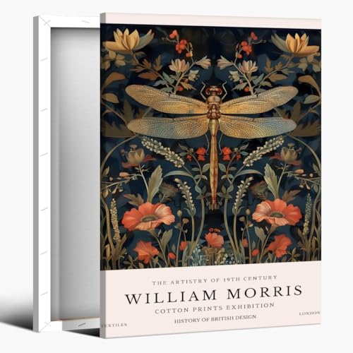 William Morris Dragonfly Exhibition Canvas Wall Art Vintage Textile Floral Cottage Style Canvas Wall Art Print Poster Posters Decor for Bedroom Home Office-16x24inch Framed