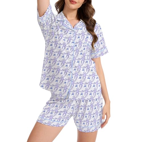 Image of Ammiko Womens Pajamas Set Y2k Loungewear Pajama Button Down Top and Shorts Monkey Beach Short Sleeve Sleepwear Preppy