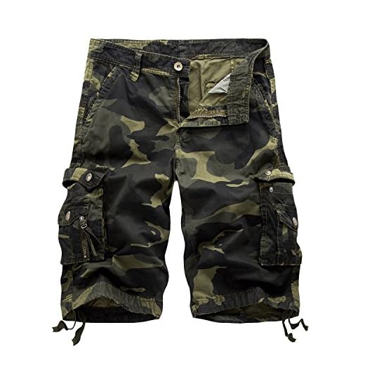 WSLCN Shorts Cargo Masculinos Camuflados Bermudas Casual Algodão Meia Calça Reta de Verão Verde escuro Cintura 29