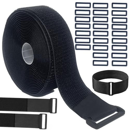 Image of 2 inch x 16ft Nylon Hook and Loop Straps with 25 Plastic Buckles。Reusable Adjustable Strips Freely Cut-to-Length Straps for Organizer or Storage Straps（ Black）