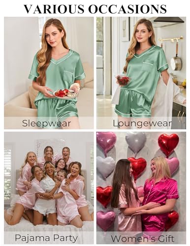 Image of Silk Pajamas for Women Short Sleeve Satin 2 Piece Pj Set Soft V Neck Sleepwear Loungewear, S-XXL