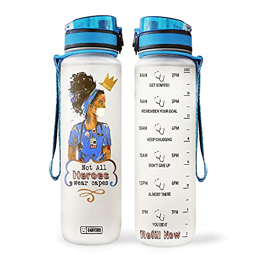 64HYDRO 32oz 1Liter Motivational Water Bottle with Time Marker, Not All Heroes Wear Capes, Afros Nurse, Afro Women, Black Women Inspiration - HHA1708002