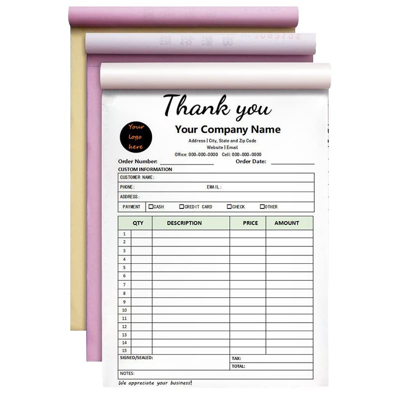 Custom Carbonless Sales Rechnungsformular Bücher für kleine Unternehmen, personalisiertes NCR 3-teiliges Quittungsbuch mit Carbon-Kopien, Cover hinzufügen Firmenname, Adresse und Nummer gedruckt