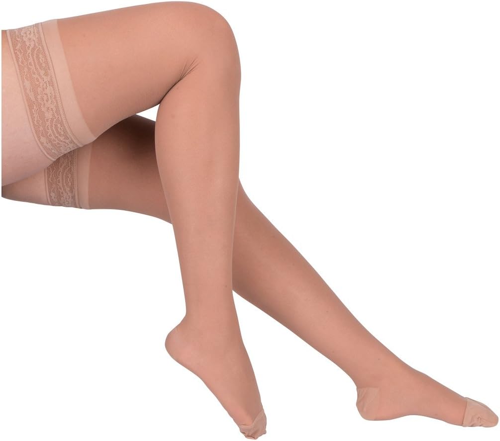 2 Pair EvoNation Women's USA Made Thigh High Graduated Compression Stockings 15-20 mmHg Moderate Pressure Ladies Sheer Socks Lace Top Support Hose - Best Comfort Fit Circulation (XL, Tan Beige Nude)