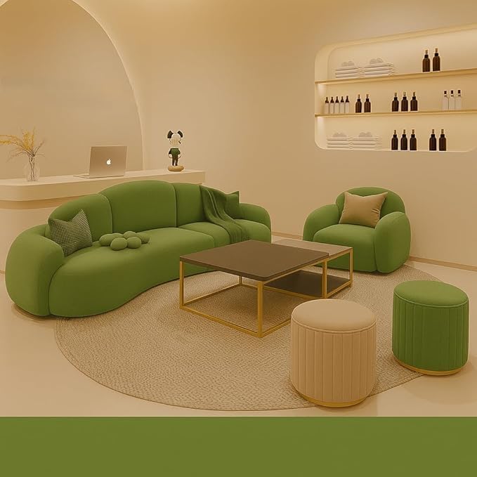 Modern Curved Sofa Set – Cloud-Inspired Living Room Couch with Soft Armchairs & Ottomans | Minimalist Lounge Furniture for Salon, Studio, or Home Decor (Green)