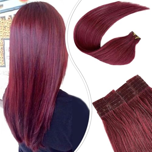 Tape in Human Hair Extension Burgundy 24 Inch Seamless Skin