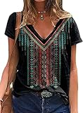 Women Short Sleeve Shirts Causal V Neck Western Aztec T Shirt Summer Loose Fit Lightweight Summer To