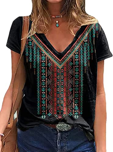 Women Short Sleeve Shirts Causal V Neck Western Aztec T Shirt Summer Loose Fit Lightweight Summer Tops(B,L) #TOP10