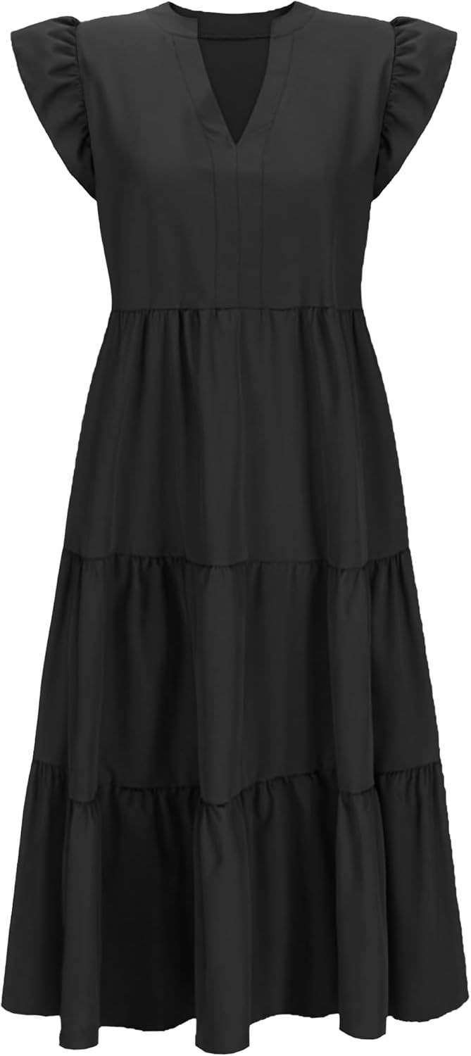 CzzzyL Womens Nursing Midi Dress Breastfeeding Summer Ruffle Sleeveless V Neck Tiered Beach Sundress with Pockets