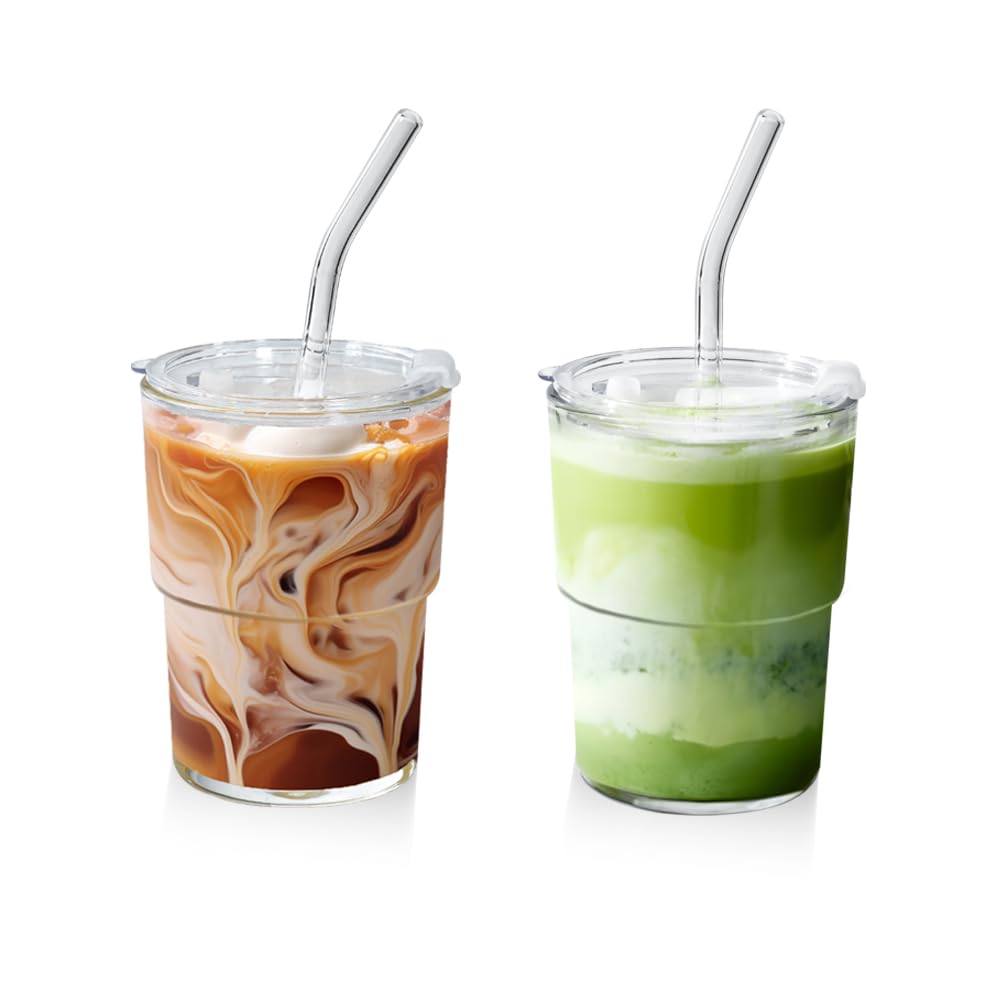 Vasos de matcha con popote y tapa, 15 onzas, juego de 2