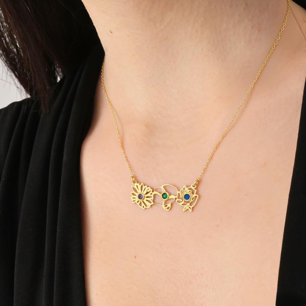 Dainty Birthflower Pendant with Birthstone – Personalized Floral Bouquet Necklace, Custom Family Flower Necklace for Women in Sterling Silver