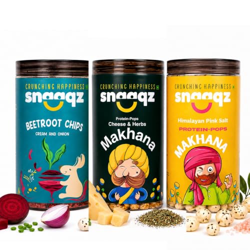 Image of Snaaqz Supergrain Snacks Combo 340g | Beetroot Chips Cream & Onion, Cheese & Herbs Makhana & Himalayan Pink Salt Makhana | Pack of 3 | High Protein | Baked & Crunchy | Vegetarian | Low-Calorie | Healthy Snacks for Adults & Kids