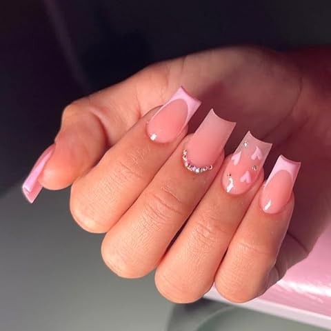 Diduikalor 24 PCS Pink With Diamonds Heart Design Medium Fake Nails Valentine's Day Square Press On Nails,French False Nails With Glue Acrylic Nails Full Cover Stick On Nails For Women Cover