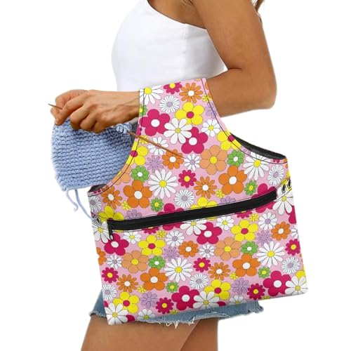 Image of ZUXONGSY Colorful Daisy Yarn Bag for Knitting Pink Knitting Crochet Tote Bag for Women Yarn Tote Handbags for Crocheting