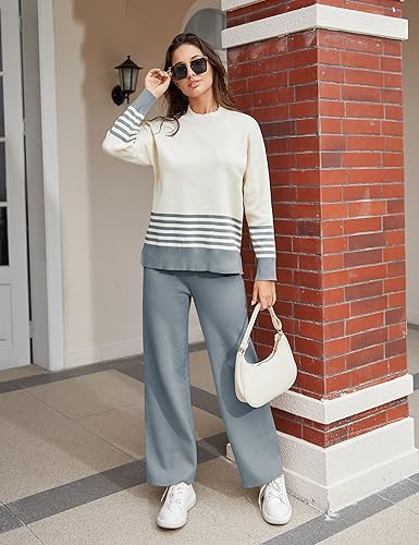 Women's 2 Piece Outfits Sweatsuit Knit Striped Pullover Top Wide Leg Pants Tracksuit Lounge Sets3