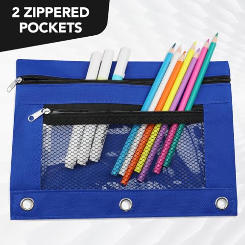 Image of 3 Ring Pencil Pouch for Binder, 2-Pocket Zipper Pencil Case with Clear Window & Mesh Pocket, 600D Oxford Fabric Binder Pouch for School Office Supplies, Fits Standard 3-Ring Binders, Blue