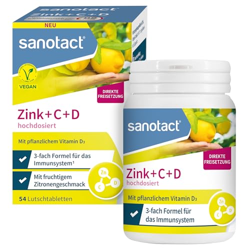 sanotact Zinc+C+D en dosis altas | Pastillas de zinc VItamina C y D | Sabor a limón | Sistema inmunológico | 54 tabletas veganas