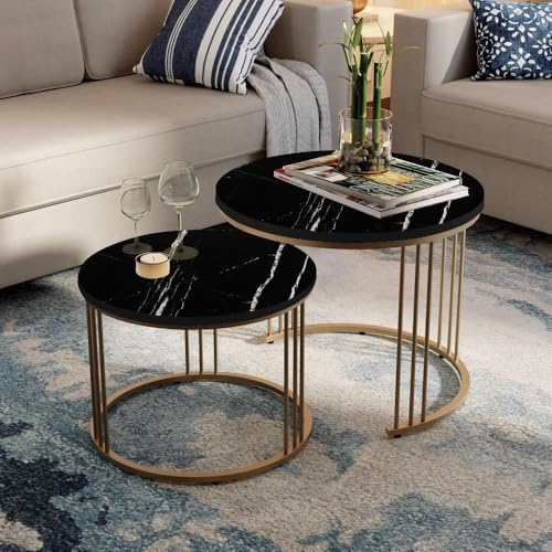 Image of Wakefit Frappe Coffee Table I Marble Finish I Vitrified Tile Top I Colonial Black