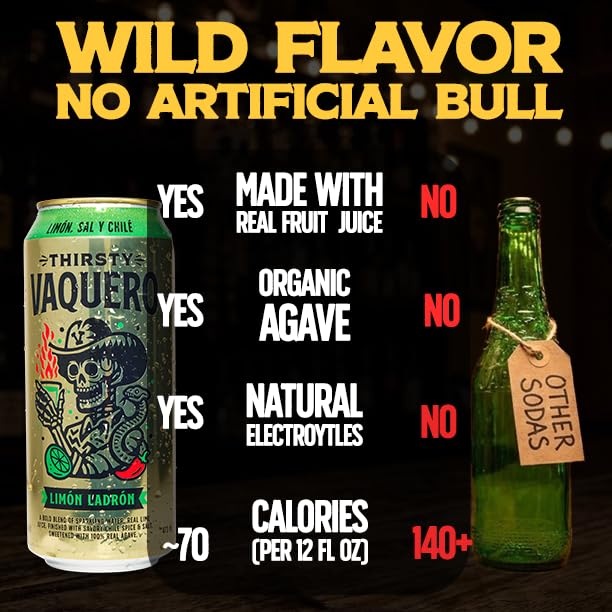 Image of Thirsty Vaquero, Lime, Salt & Chile Flavored soda (Limon Ladron), Mexican-inspired soda, Real Fruit Juice & Savory Spices, Made with Organic Agave, Low Calorie, Natural Juice, 16 oz Cans, 12-Pack