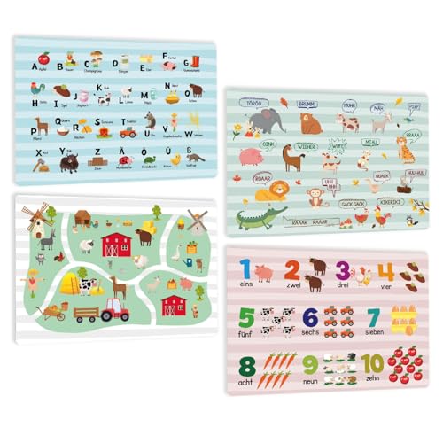 4ER Set - Bauernhof Lern Tischset Abwaschbar Kinder - Tiere Platzsets Schule - Tiergeräusche Platzdeckchen - Deutsch ABC Alphabet Zahlen und Affirmations mit Tier - rutschfest - DIN A3
