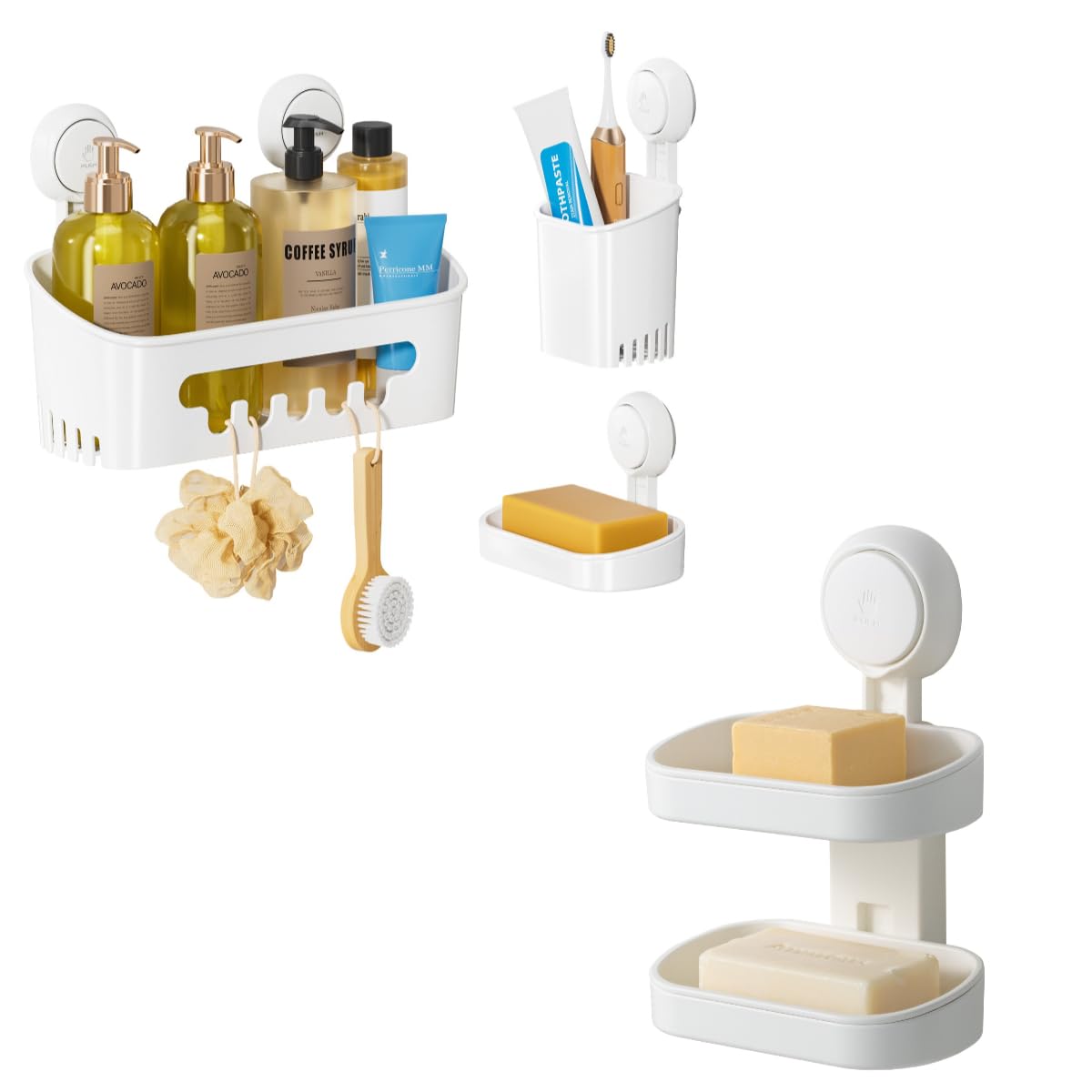 LEVERLOC Shower Caddy Suction Cup Set Shower Organizer Soap Holder Toothbrush Holder Bathroom Shelf Basket NO-Drilling Removable Suction