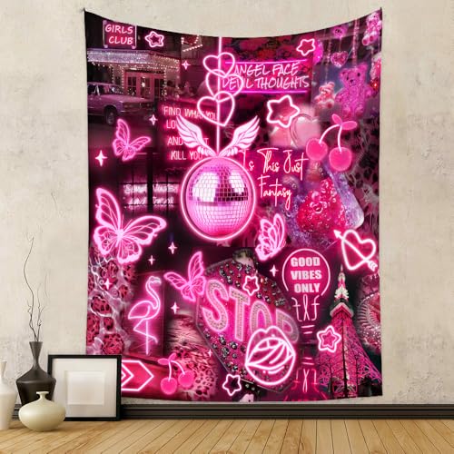 Pink Vintage Tapestry for Bedroom Blacklight Tapestry Wall Hanging UV Reactive Tapestries Glow in the Dark Black Light Posters Wall Art Collage Neon Poster Tapestries for Living Room Decor 29”x37”