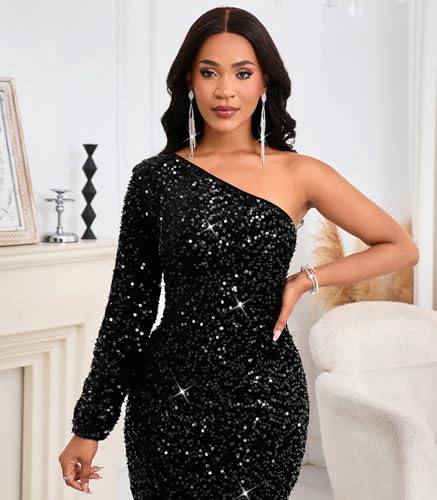 Women Sexy Sequin One Shoulder Long Sleeve Tassel Hem Bodycon Midi Dress Party Cocktail Dress4