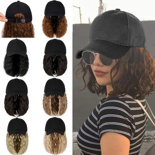 Qlenkay Baseball Cap with Hair Extensions 14inch Wavy Curly Bob