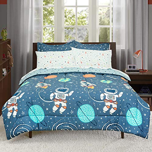Kidz Mix Space Explorer Full Bed in a Bag with Reversible Comforter and Sheet Set, Blue