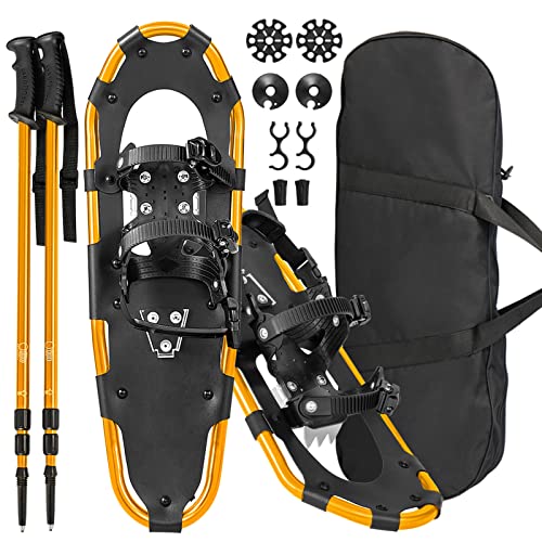 Goplus Snow Shoes For Men Women Youth Kids, Light Weight Aluminum Terrain Snowshoes With Anti-Shock Trekking Poles And Carrying Tote Bag, Snow Mud Baskets Included, 21/ 25/ 30 Inches (Gold, 21") #TOP29