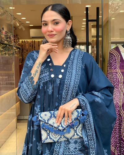 Image of Nermosa Women Printed Anarkali Kurta and Pant Set with Dupatta
