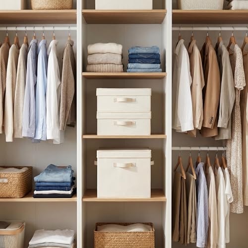 Image of StorageWorks Storage Bins with Lid, Decorative Fabric Storage Bins with Handles, Stackable Closet Organizers for Shelves and Bedroom, Small, Beige(Cotton Linen), 2-Pack