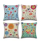 YunJeude クッションカバー 45x45cm 4枚セット 北欧 幾何学模様 違う柄 リネン 亜麻 可愛い おしゃれ ナチュラル ファスナー モダン 家庭装飾 車 飾り 四季通用 インテリア ベッドルーム (45x45, 花柄)