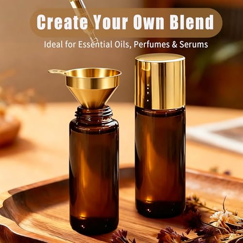 Warmify Rose Quartz Roller Bottles for Essential Oils, 50ml Refillable Amber Glass Roll On Bottles with Natural Crystal Roller Balls, Leak-Proof Travel Perfume Bottle with Gold Caps