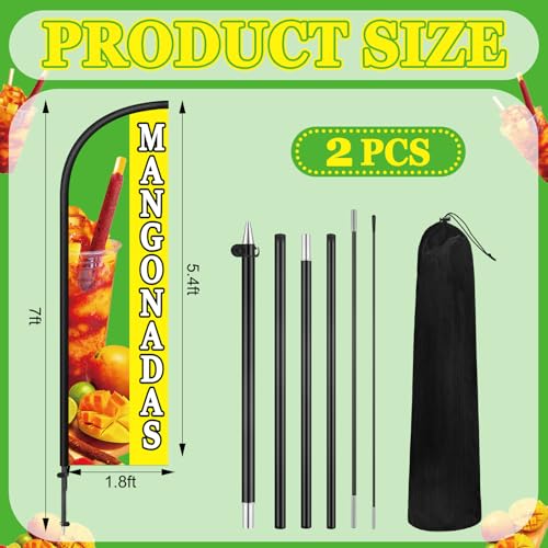 Image of Remagr 2 Pack Mangonadas Feather Flag 7 ft Advertising Swooper Flag Sign Windless Mangonadas Banner with Pole Kit and Ground Stake for Businesses Storefronts Retailers Shops Food Trucks Events