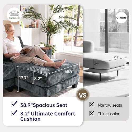 Image of 114.5 inch Corduroy Sectional Sofa with Armrest Storage & Reversible Chaise, Comfy L Shaped Sofa 4 Seat Sectional Couch, Modern Upholstery Couch with Removable Covers, for Living Room, Apartment, Gray