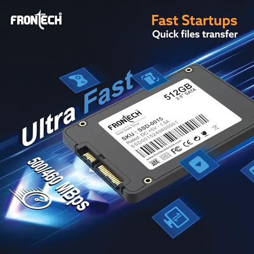 Image of FRONTECH 512GB Internal SSD, 2.5 SATA, TLC+SMI, Low Energy Consumption, Ultra Fast with Read /Write Speed Upto 500 /480 Mbps, (SSD-0015, Black & White)