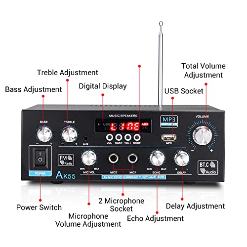 Facmogu Ak55 Bluetooth Stereo Power Amplifier, Rms 70Wx2 Max 450Wx2, 2Ch Hi-Fi Sound Audio Amp Stereo Receiver For Home Theater Speakers, Bass Treble Control, W/Aux, Rca, Usb, Mic In, Fm Radio, Echo #TOP3