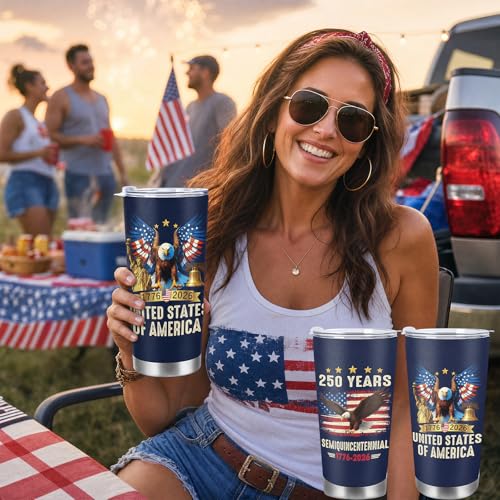 Image of AFRITEE 250th Anniversary USA Tumbler, 4th of July Decorations 20oz Insulated Coffee Travel Mug, 1776-2026 USA Birthday Gift Patriotic Stainless Steel Cup with Lid & Straw