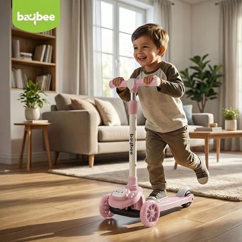 Image of Baybee Rovix Kick Scooter for Kids | Foldable Skate Scooter with 3 Height Adjustment Handle & LED Light Wheels | 3 Wheel Baby Scooter with Rear Brake | Kids Scooter for 2 to 10 Years Boy Girl (Pink)