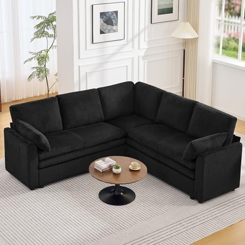 Image of 85 inch Sectional Couches with Comfy Deep Dual-Layer Cushion, 5 Seater L Shaped Couch, Modern Modular Sofa, Corduroy Sofas for Living Room, Apartment, Black