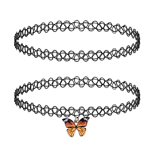 Bodyj4You 2Pc Choker Necklace Butterfly Pendant Henna Black Tattoo Stretch Elastic 90S Jewelry Women Girl Teen Kids #TOP1